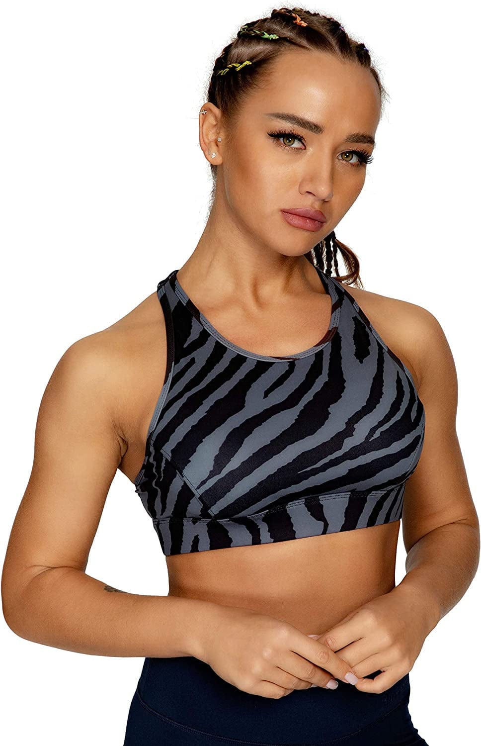 QUEENIEKE Women'S Medium Support Back Pocket Energy Sport Bra Cotton Feel 70927 Gray Zebra Print / Small