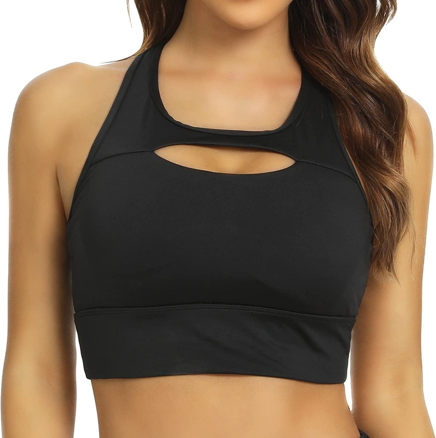 QUEENIEKE Women'S Medium Support Back Pocket Energy Sport Bra Cotton Feel 70927 High Neck-black / XX-Large