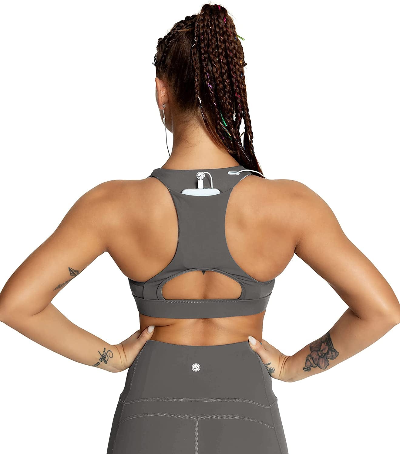 QUEENIEKE Women'S Medium Support Back Pocket Energy Sport Bra Cotton Feel 70927 Dark Grey Back Pocket / Large