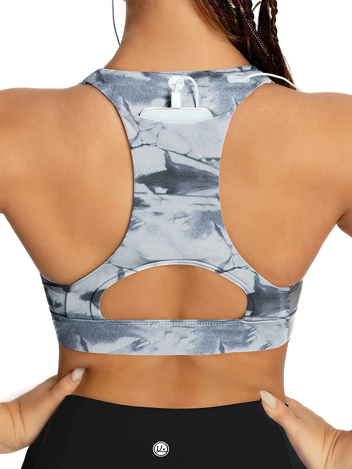 QUEENIEKE Women'S Medium Support Back Pocket Energy Sport Bra Cotton Feel 70927 Gray Tie-dye / Small
