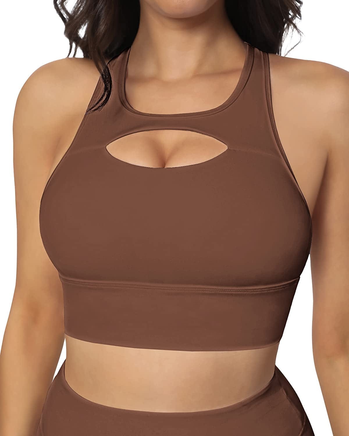 QUEENIEKE Women'S Medium Support Back Pocket Energy Sport Bra Cotton Feel 70927 High Neck-cinnamon Brown / Large