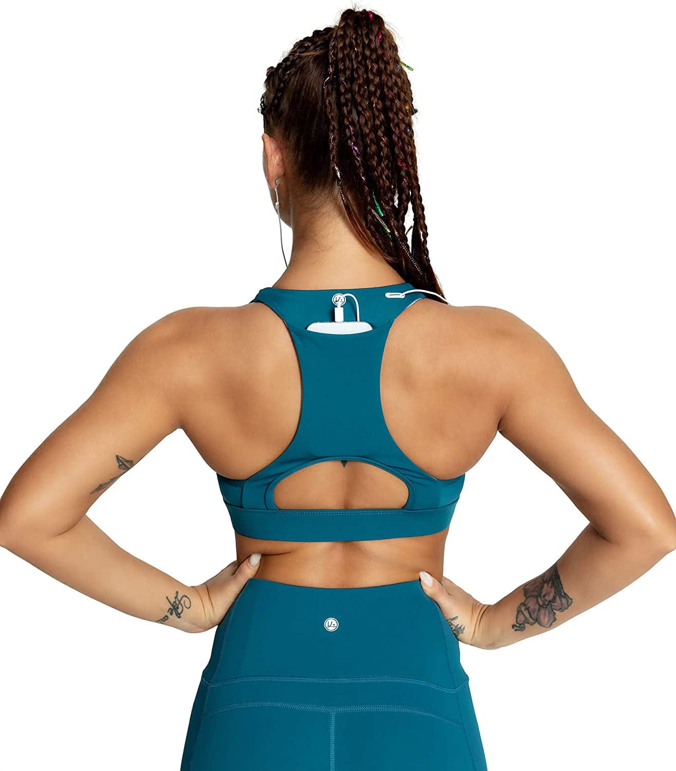 QUEENIEKE Women'S Medium Support Back Pocket Energy Sport Bra Cotton Feel 70927 Teal Back Pocket / Large