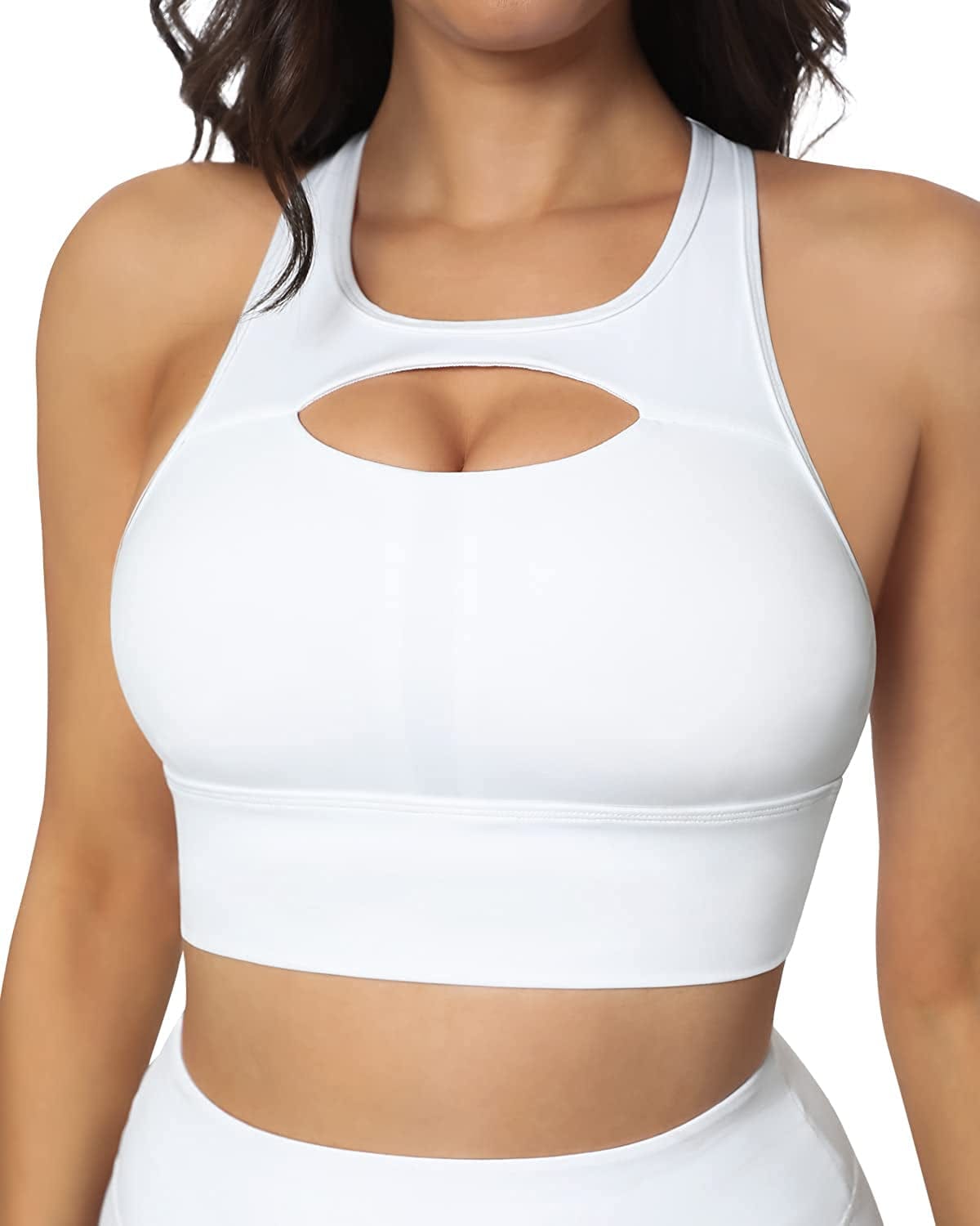 QUEENIEKE Women'S Medium Support Back Pocket Energy Sport Bra Cotton Feel 70927 High Neck-white / Large