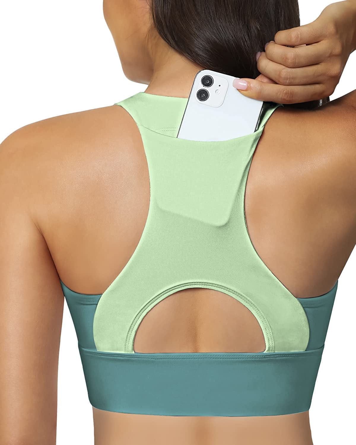 QUEENIEKE Women'S Medium Support Back Pocket Energy Sport Bra Cotton Feel 70927 High Neck-petrol Blue / Large