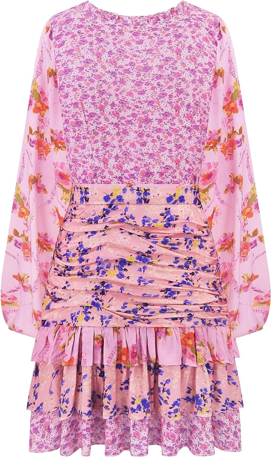 R.Vivimos Women'S Summer Long Sleeve Boho Dress V Neck Floral Print Layered Ruffle Patchwork Casual Mini Sun Dress with Belt