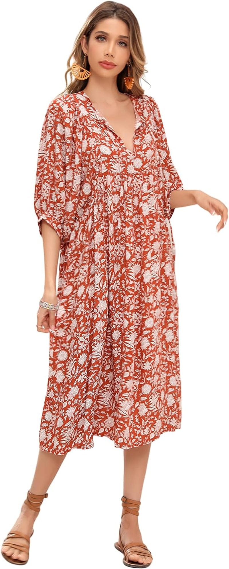 R.Vivimos Womens Summer Casual Midi Dress Lantern Sleeve Tie V Neck Boho Floral Print Loose Fit Flowy Long Dresses