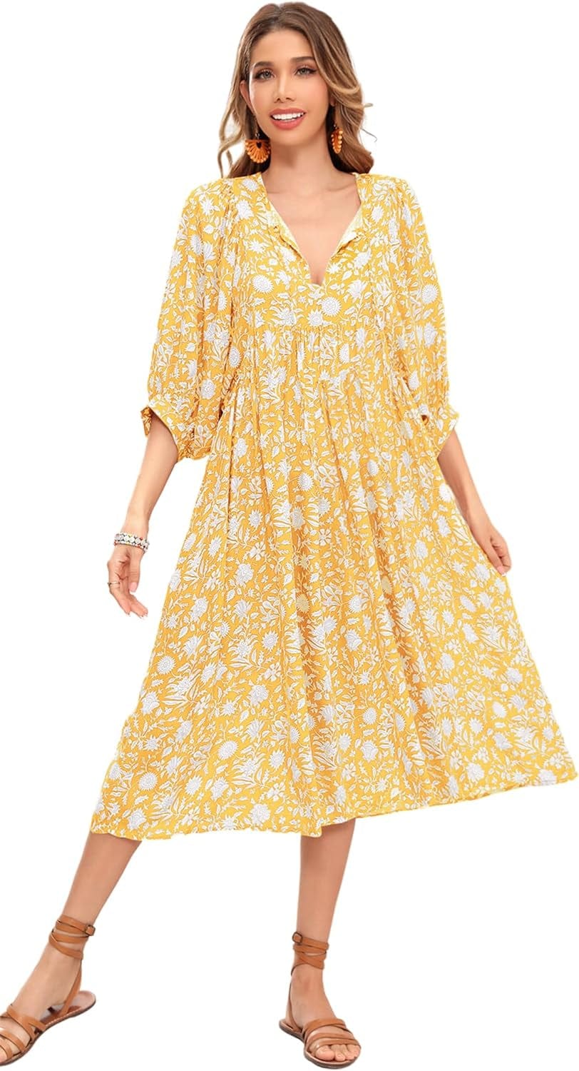 R.Vivimos Womens Summer Casual Midi Dress Lantern Sleeve Tie V Neck Boho Floral Print Loose Fit Flowy Long Dresses