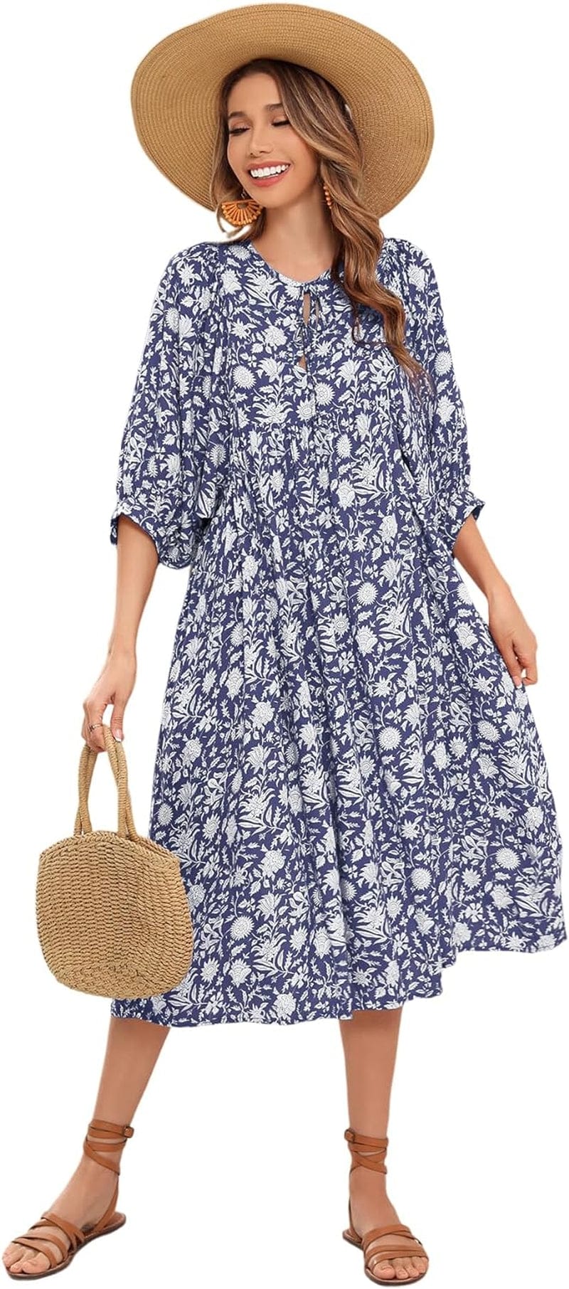 R.Vivimos Womens Summer Casual Midi Dress Lantern Sleeve Tie V Neck Boho Floral Print Loose Fit Flowy Long Dresses