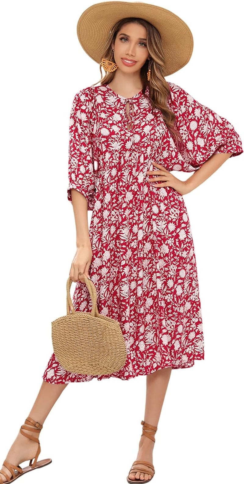 R.Vivimos Womens Summer Casual Midi Dress Lantern Sleeve Tie V Neck Boho Floral Print Loose Fit Flowy Long Dresses