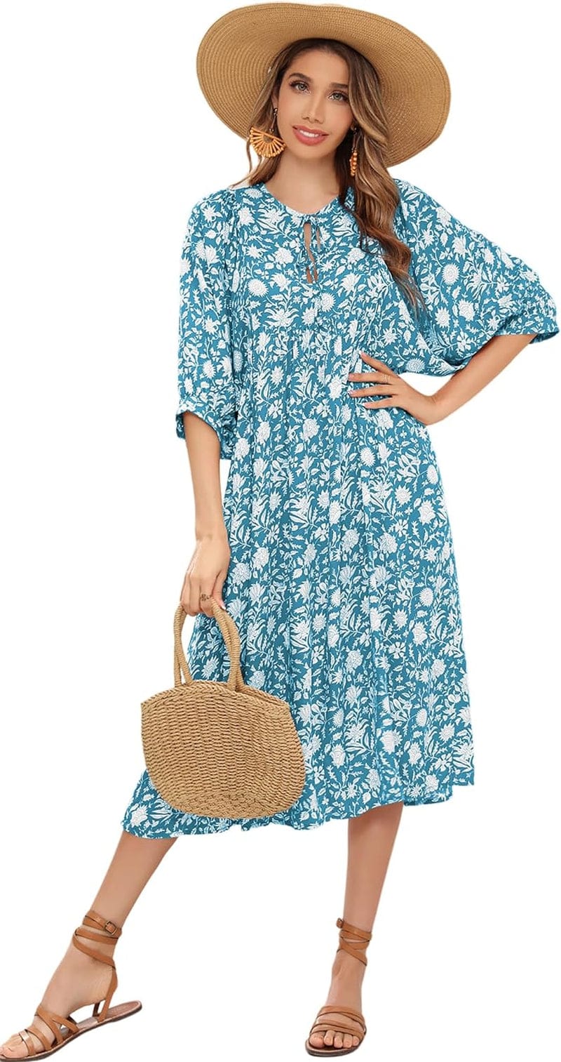 R.Vivimos Womens Summer Casual Midi Dress Lantern Sleeve Tie V Neck Boho Floral Print Loose Fit Flowy Long Dresses