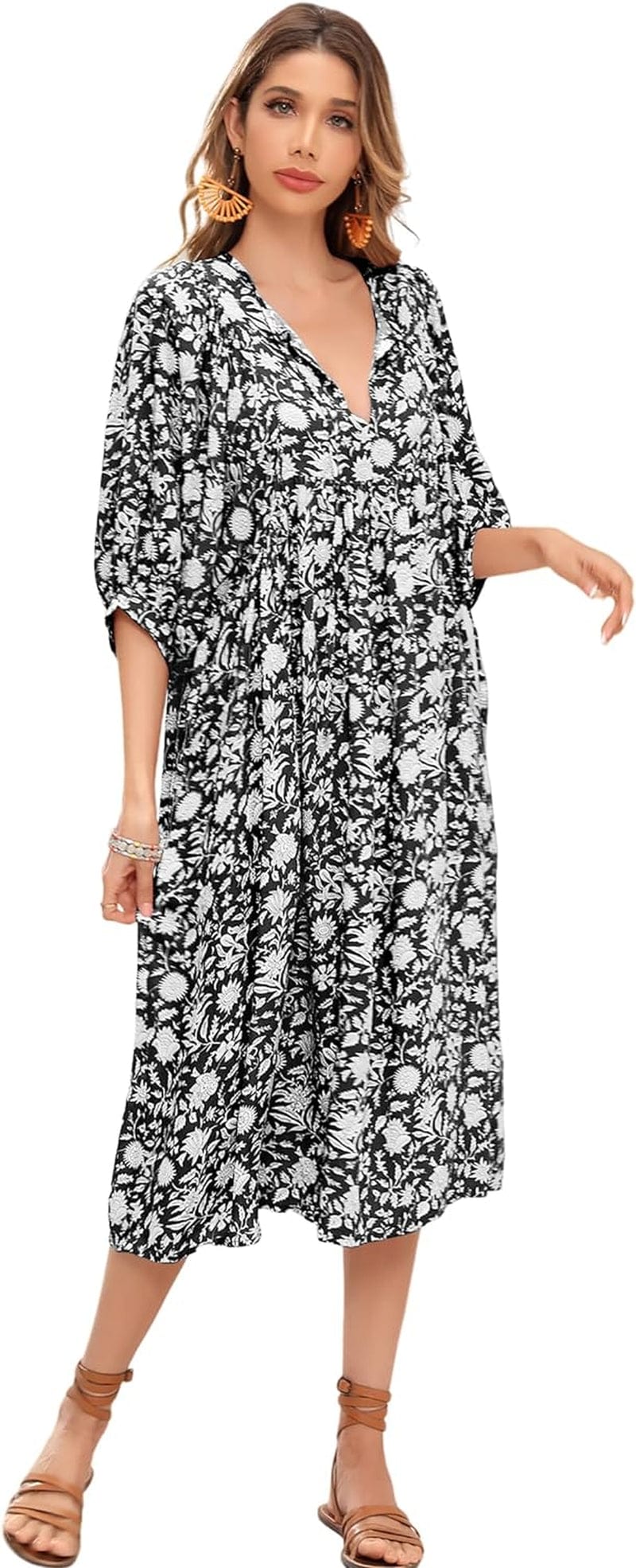 R.Vivimos Womens Summer Casual Midi Dress Lantern Sleeve Tie V Neck Boho Floral Print Loose Fit Flowy Long Dresses