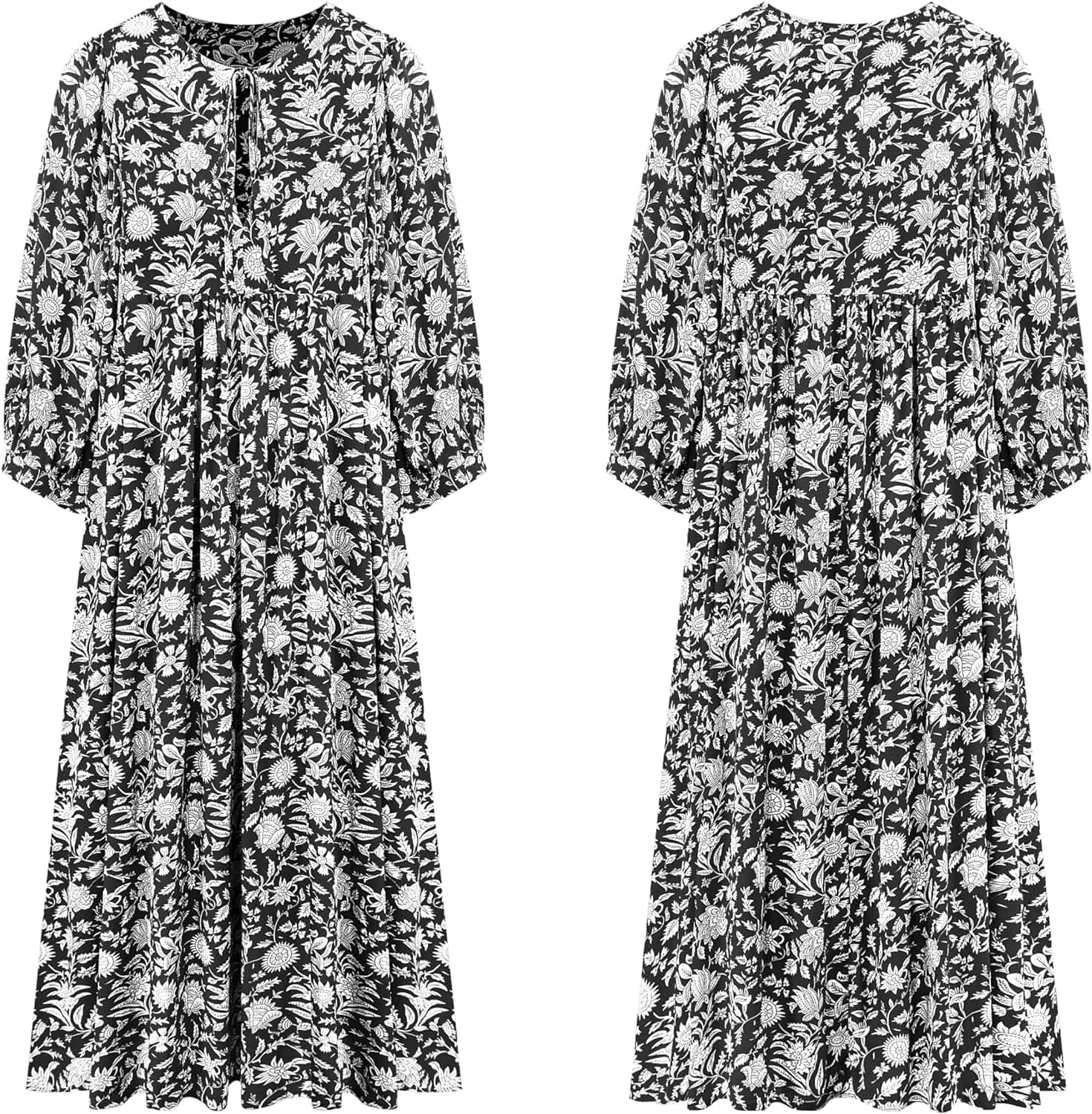 R.Vivimos Womens Summer Casual Midi Dress Lantern Sleeve Tie V Neck Boho Floral Print Loose Fit Flowy Long Dresses