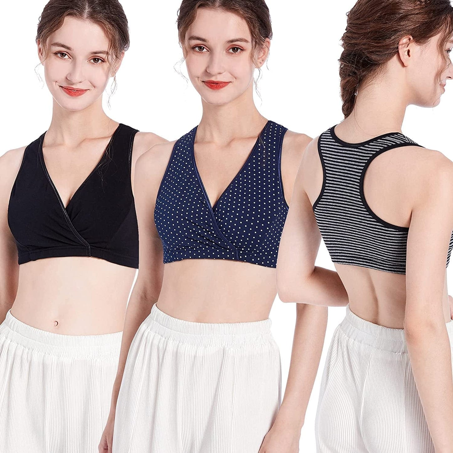 Racerback Maternity Nursing Sleep Bra Cotton Breastfeeding Bralette 3-Pack A2-black/Navy Dot/Stripe 3pack / Small