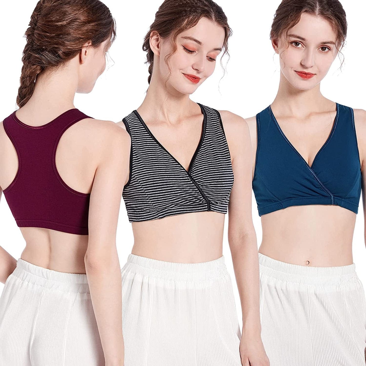 Racerback Maternity Nursing Sleep Bra Cotton Breastfeeding Bralette 3-Pack A2-burgundy/Stripe/Atrovirens 3pack / Large