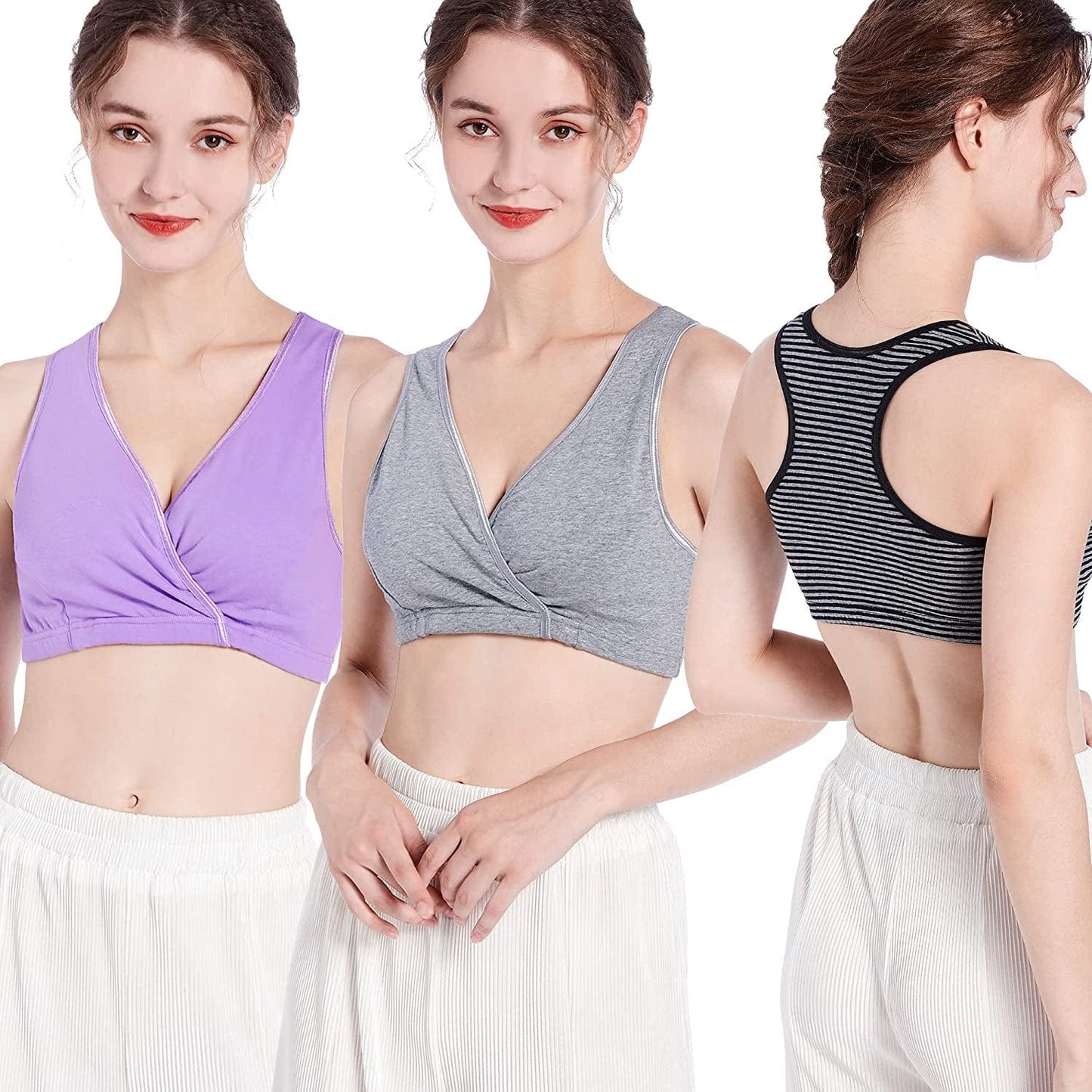 Racerback Maternity Nursing Sleep Bra Cotton Breastfeeding Bralette 3-Pack A2-grey/Lavende/Stripe 3pack / Large