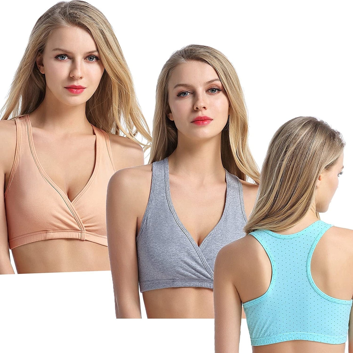 Racerback Maternity Nursing Sleep Bra Cotton Breastfeeding Bralette 3-Pack A-mint Green/Grey/Nude 3pack / Small