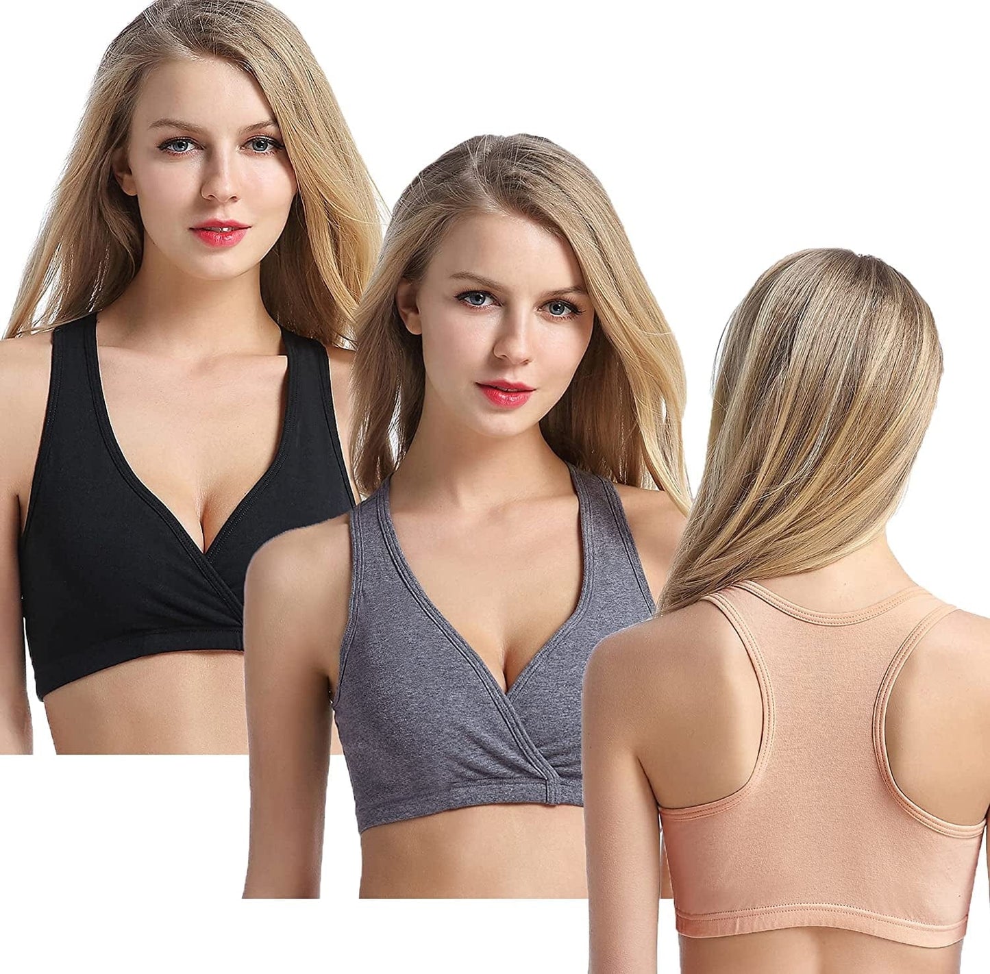 Racerback Maternity Nursing Sleep Bra Cotton Breastfeeding Bralette 3-Pack A-black/Charcoal/Nude 3pack / Small