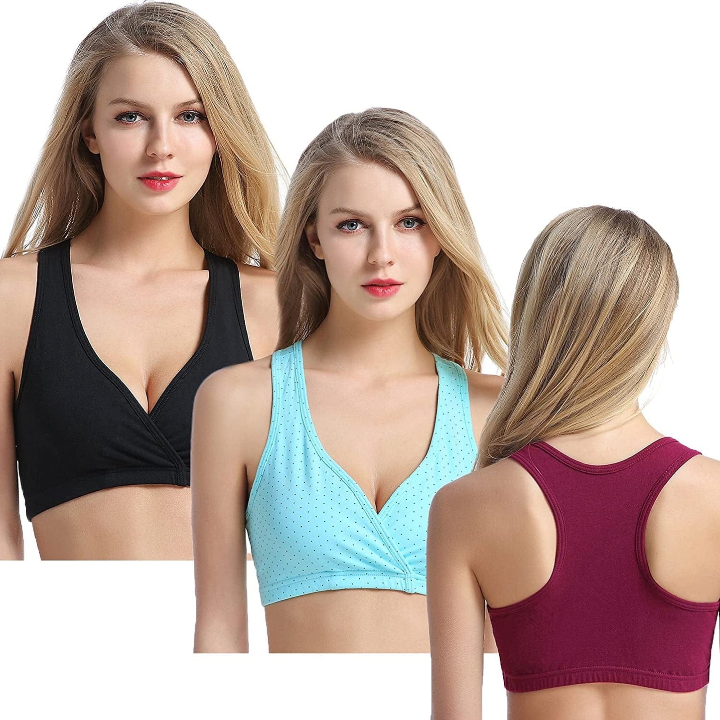 Racerback Maternity Nursing Sleep Bra Cotton Breastfeeding Bralette 3-Pack A-black/Burgundy/Mint Green 3pack / Medium