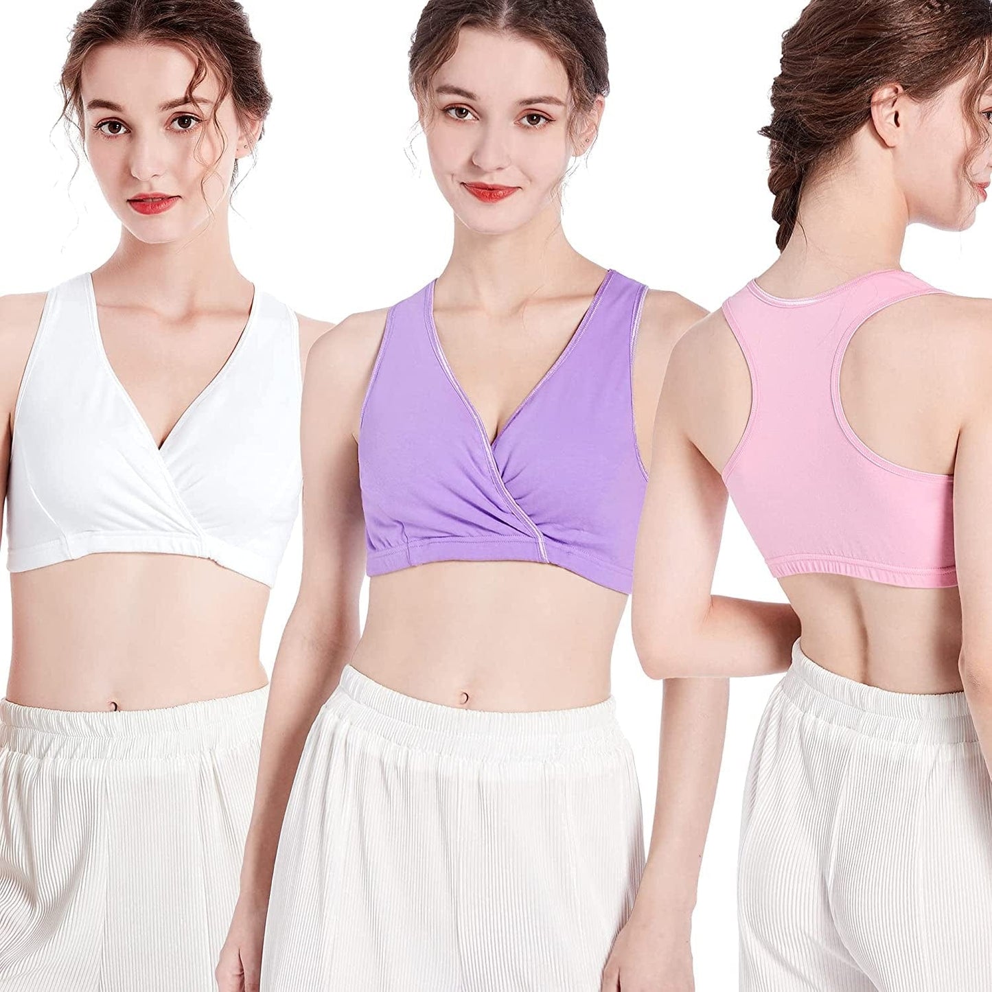 Racerback Maternity Nursing Sleep Bra Cotton Breastfeeding Bralette 3-Pack A2-pink/Lavende/White 3pack / Small