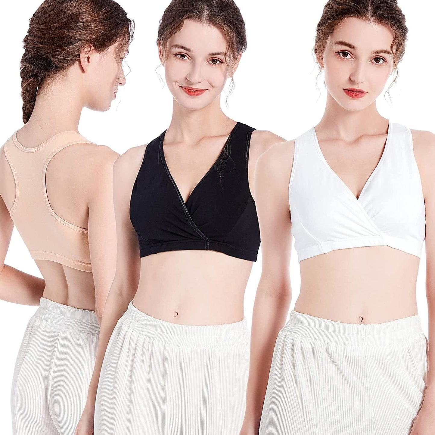 Racerback Maternity Nursing Sleep Bra Cotton Breastfeeding Bralette 3-Pack A2-black/White/Nude 3pack / Large