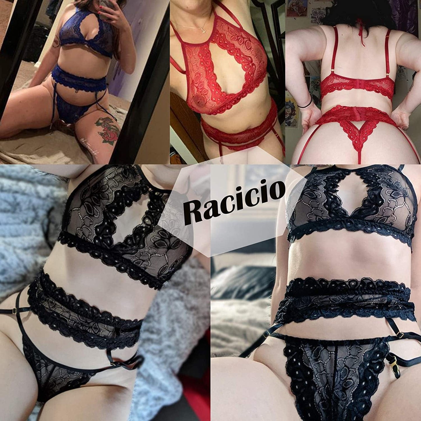 Racicio Women Sexy Lingerie Lace Bralette Panty Set with Garter Belt (No Stockings)