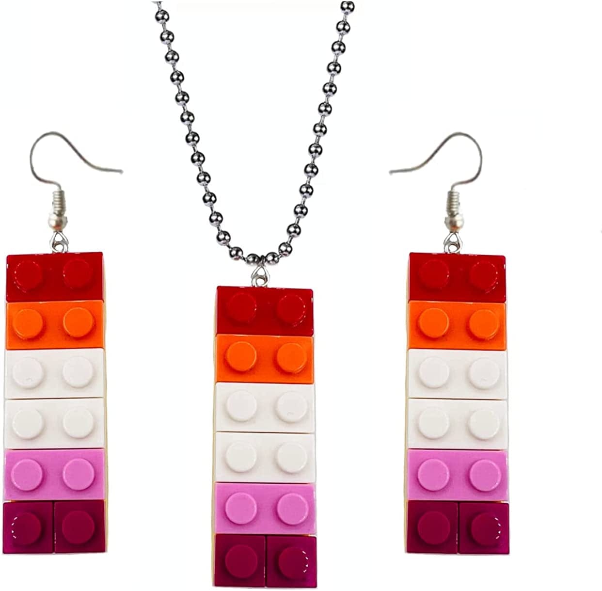 Rainbow Gay Pride Necklace Earrings Bracelet for Men & Women - Unisex Rainbow Jewelry - Plastic Bricks LGBT - Lesbian Gay Bisexual Transgender Jewelry for Men and Women Lesbian Jewelry Set