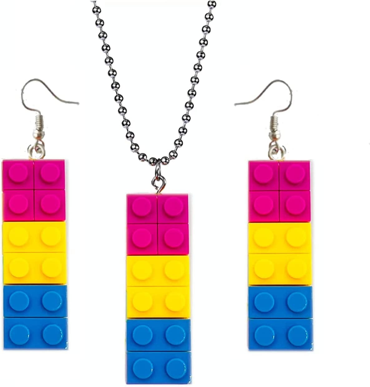 Rainbow Gay Pride Necklace Earrings Bracelet for Men & Women - Unisex Rainbow Jewelry - Plastic Bricks LGBT - Lesbian Gay Bisexual Transgender Jewelry for Men and Women Pansexual Jewelry Set