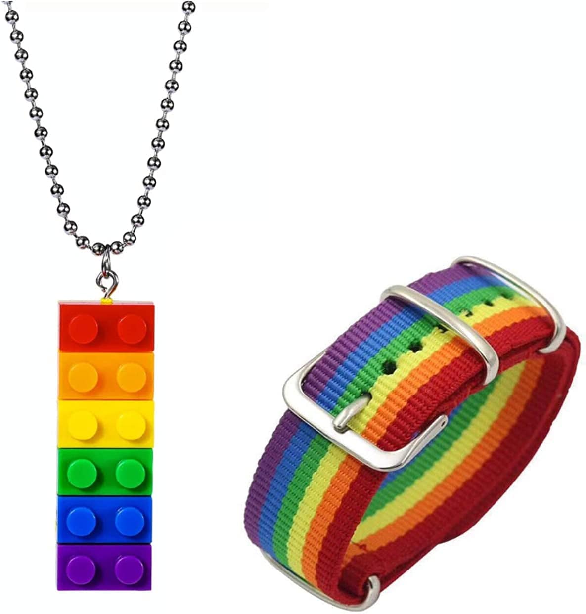 Rainbow Gay Pride Necklace Earrings Bracelet for Men & Women - Unisex Rainbow Jewelry - Plastic Bricks LGBT - Lesbian Gay Bisexual Transgender Jewelry for Men and Women Rainbow Necklace & Bracelet