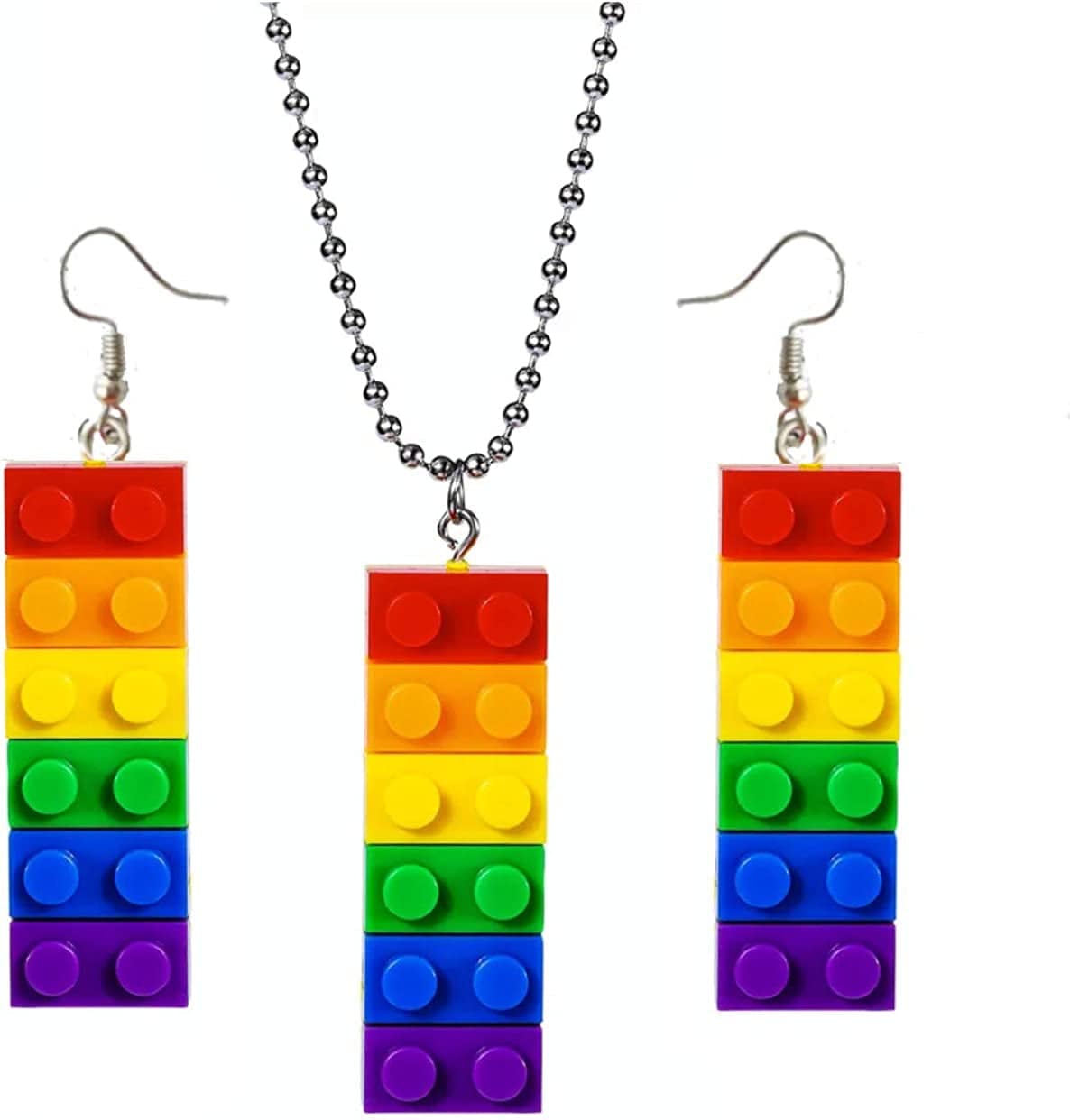 Rainbow Gay Pride Necklace Earrings Bracelet for Men & Women - Unisex Rainbow Jewelry - Plastic Bricks LGBT - Lesbian Gay Bisexual Transgender Jewelry for Men and Women Pride Jewelry Set