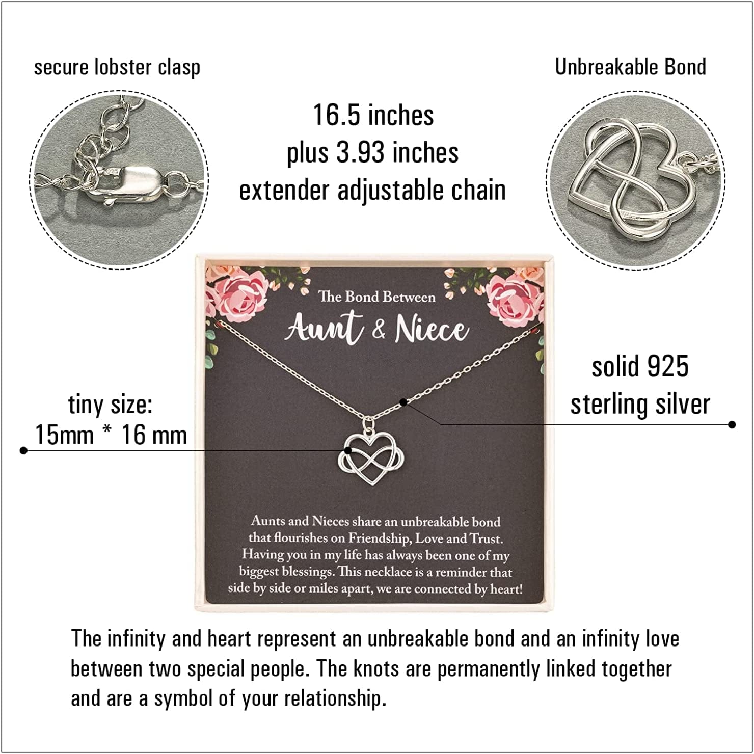 Rarelove Aunt Gifts,Aunt, Gifts for Aunt Gifts from Niece,925 Sterling Silver Tiny Infinity Heart Necklaces for Women,Aunt Niece Necklace