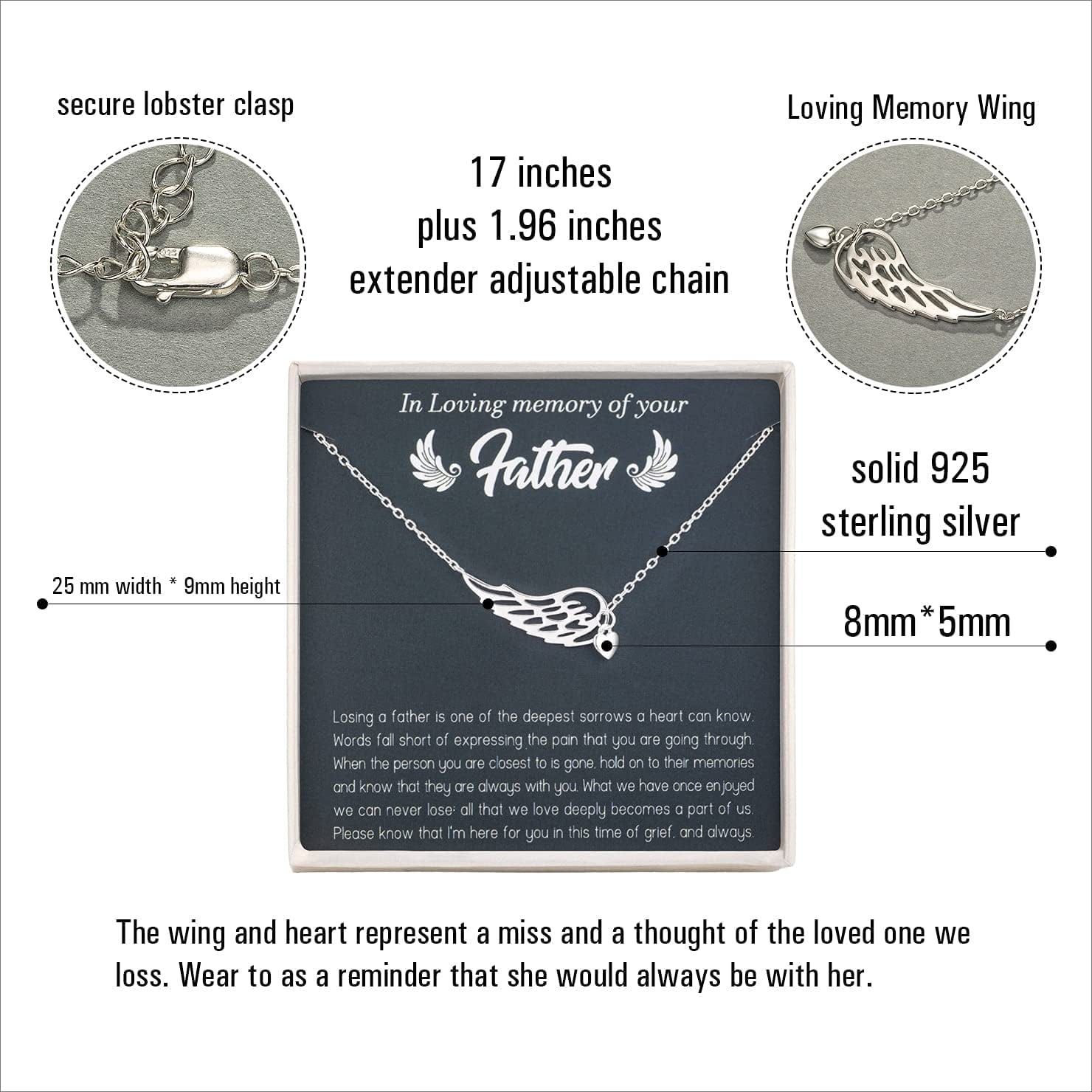 Rarelove Sympathy Gifts for Loss of Father,Bereavement Condolence Gifts,Remembrance Gifts,925 Sterling Silver Angel Wing Heart Pendant Necklace,Sorry for Your Loss Gift Memorial Gifts