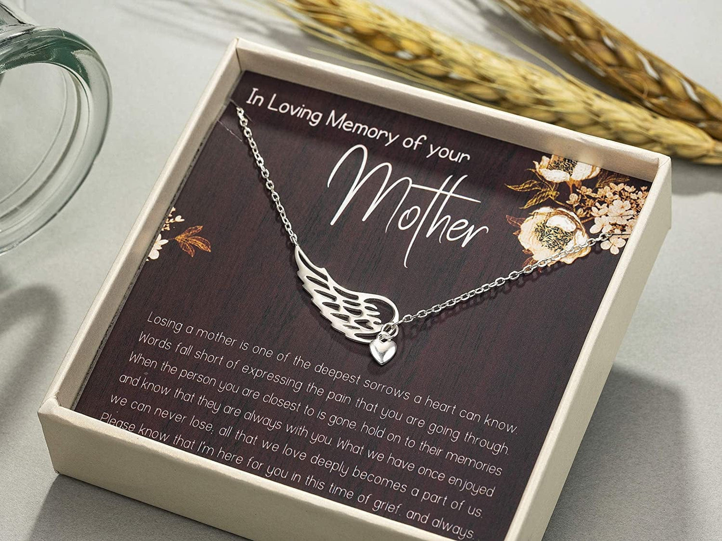 Rarelove Sympathy Gifts for Loss of Mother,Bereavement Condolence Gifts,Remembrance Gifts,925 Sterling Silver Angel Wing Heart Pendant Necklace,Sorry for Your Loss Gift Memorial Gifts