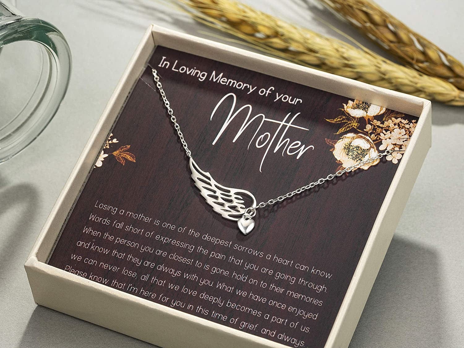 Rarelove Sympathy Gifts for Loss of Mother,Bereavement Condolence Gifts,Remembrance Gifts,925 Sterling Silver Angel Wing Heart Pendant Necklace,Sorry for Your Loss Gift Memorial Gifts