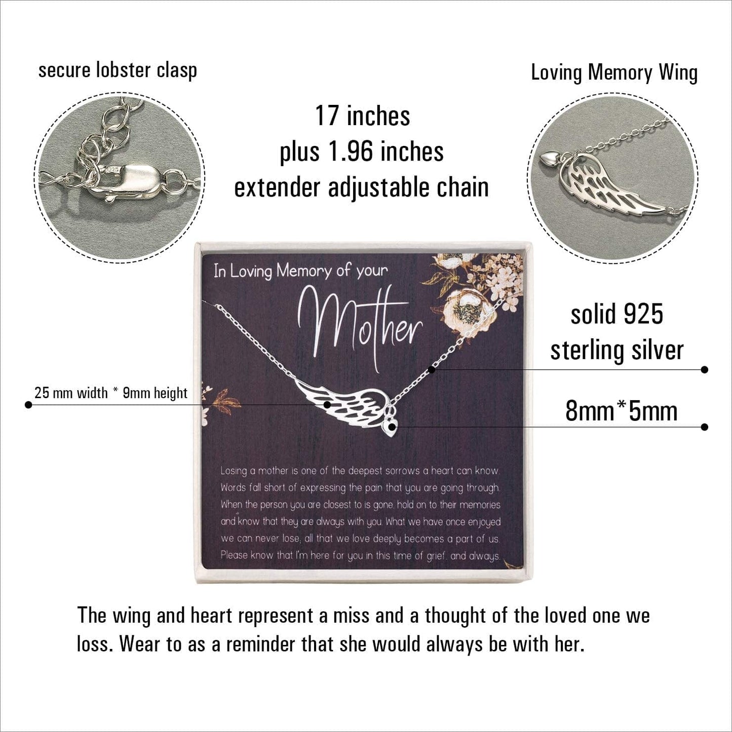 Rarelove Sympathy Gifts for Loss of Mother,Bereavement Condolence Gifts,Remembrance Gifts,925 Sterling Silver Angel Wing Heart Pendant Necklace,Sorry for Your Loss Gift Memorial Gifts
