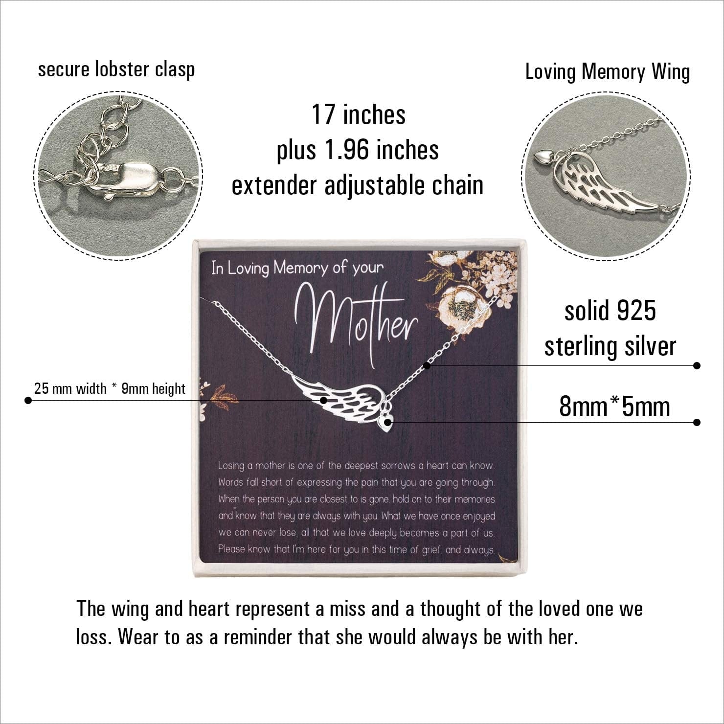 Rarelove Sympathy Gifts for Loss of Mother,Bereavement Condolence Gifts,Remembrance Gifts,925 Sterling Silver Angel Wing Heart Pendant Necklace,Sorry for Your Loss Gift Memorial Gifts