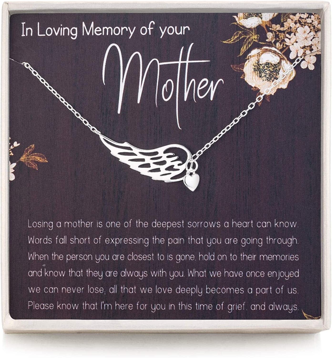 Rarelove Sympathy Gifts for Loss of Mother,Bereavement Condolence Gifts,Remembrance Gifts,925 Sterling Silver Angel Wing Heart Pendant Necklace,Sorry for Your Loss Gift Memorial Gifts