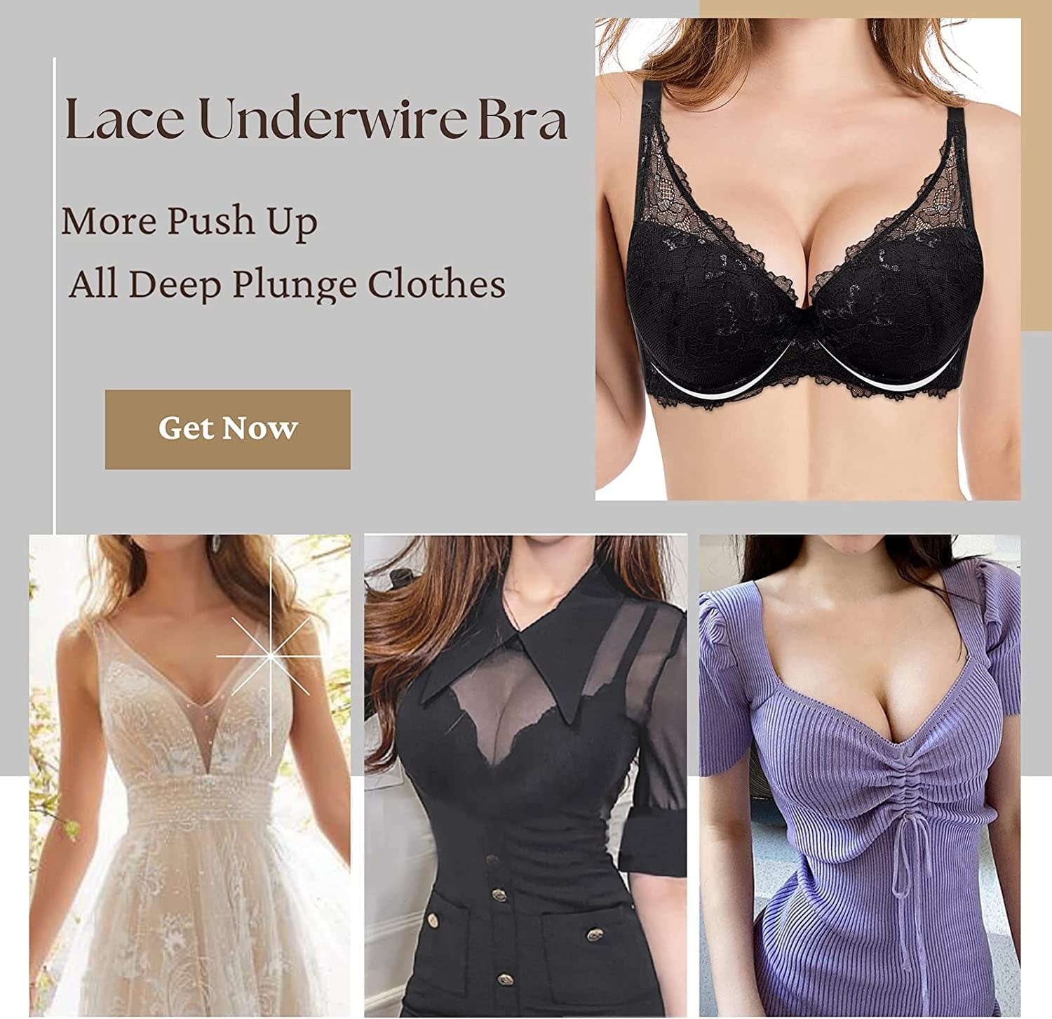 Rasback Women'S Sexy Lace Push up Bra with Padded Add One Cup Underwire Balconette Bra plus Size Low Cut Bra