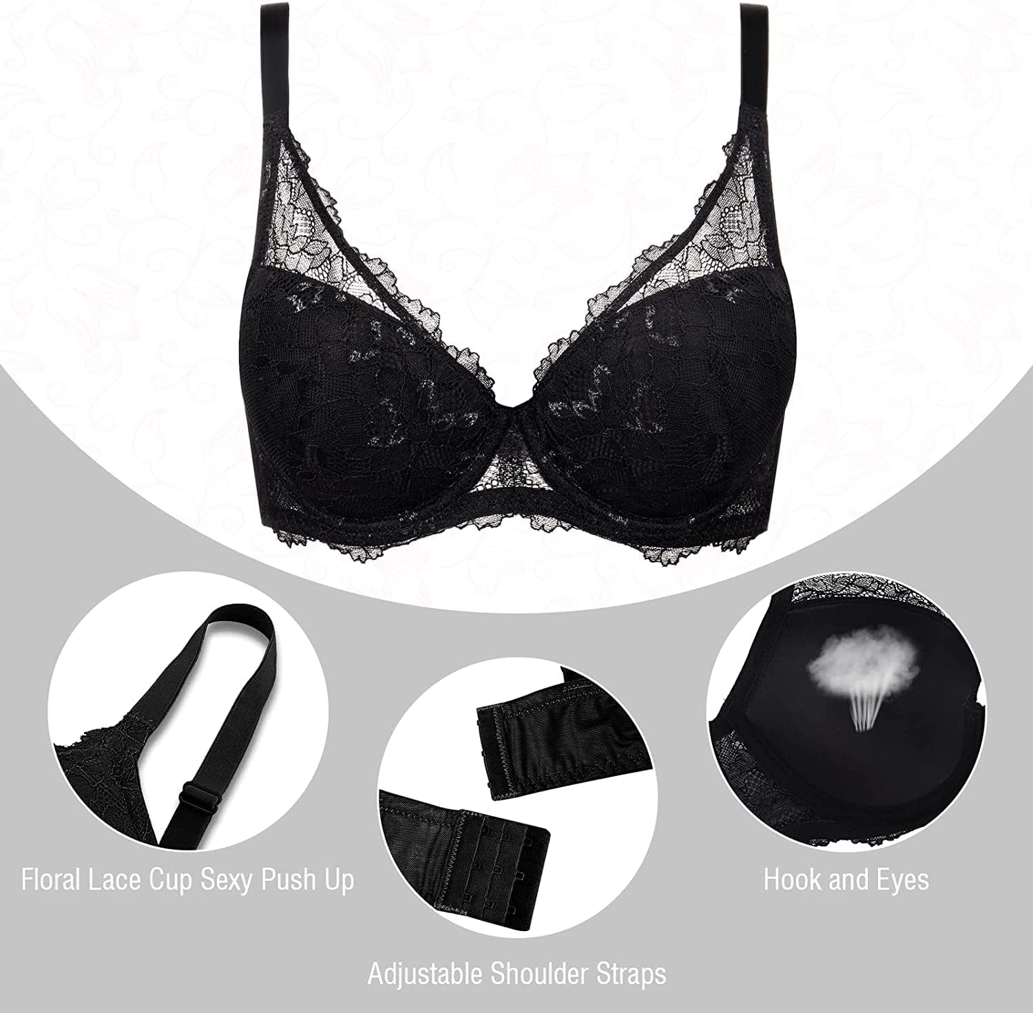 Rasback Women'S Sexy Lace Push up Bra with Padded Add One Cup Underwire Balconette Bra plus Size Low Cut Bra