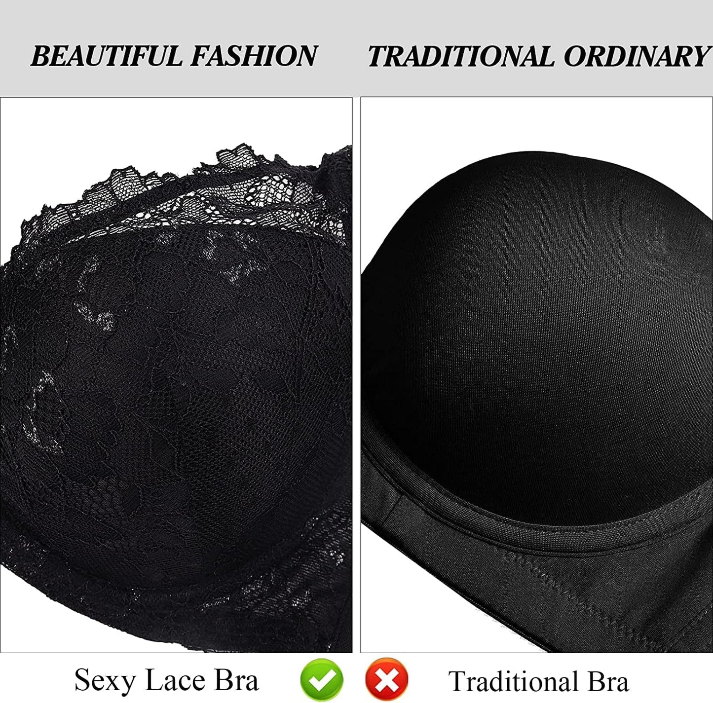 Rasback Women'S Sexy Lace Push up Bra with Padded Add One Cup Underwire Balconette Bra plus Size Low Cut Bra