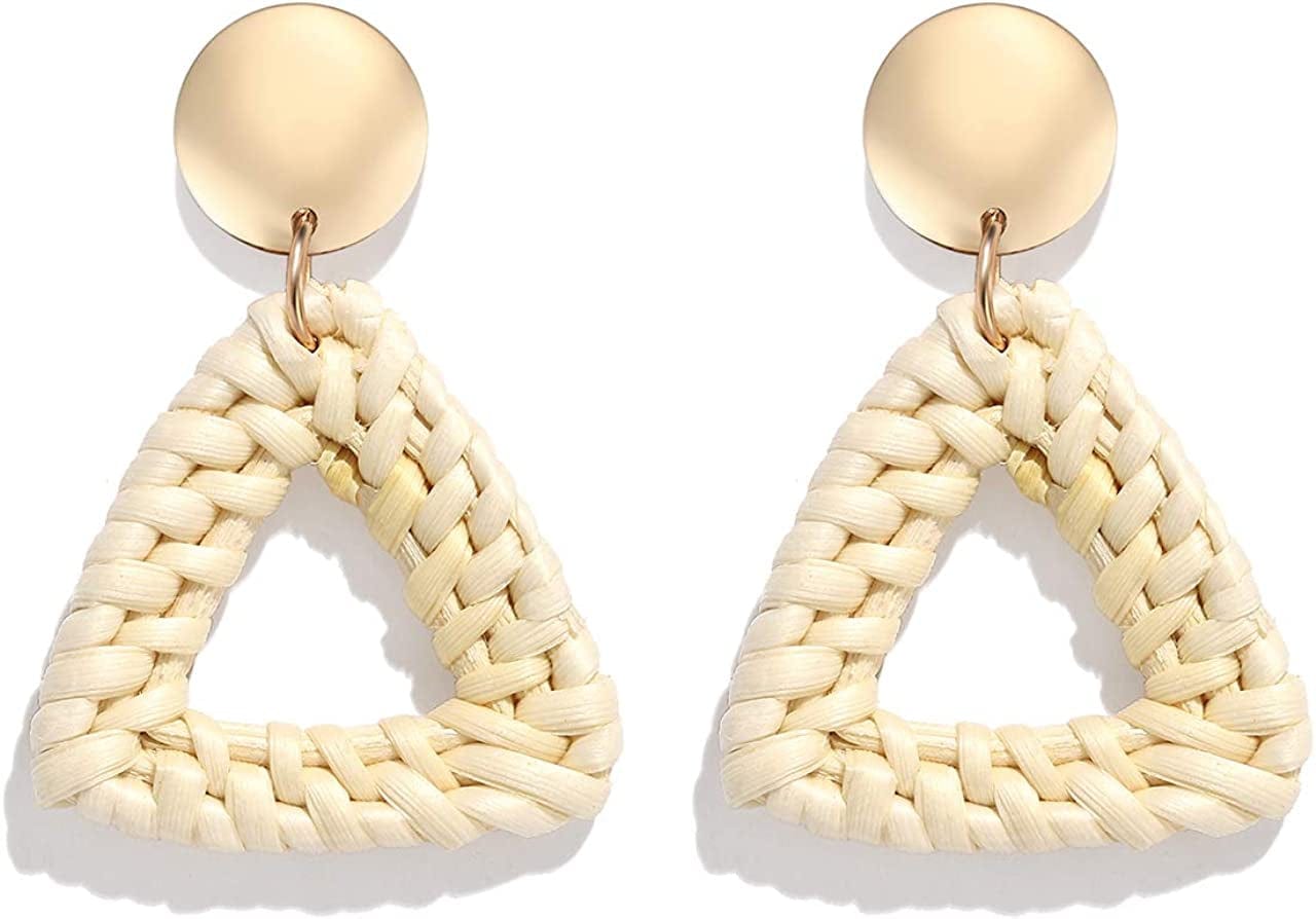 Rattan Earrings for Women Girls Handmade Lightweight Wicker Straw Stud Earrings Statement Weaving Braid Drop Dangle Earring Triangle