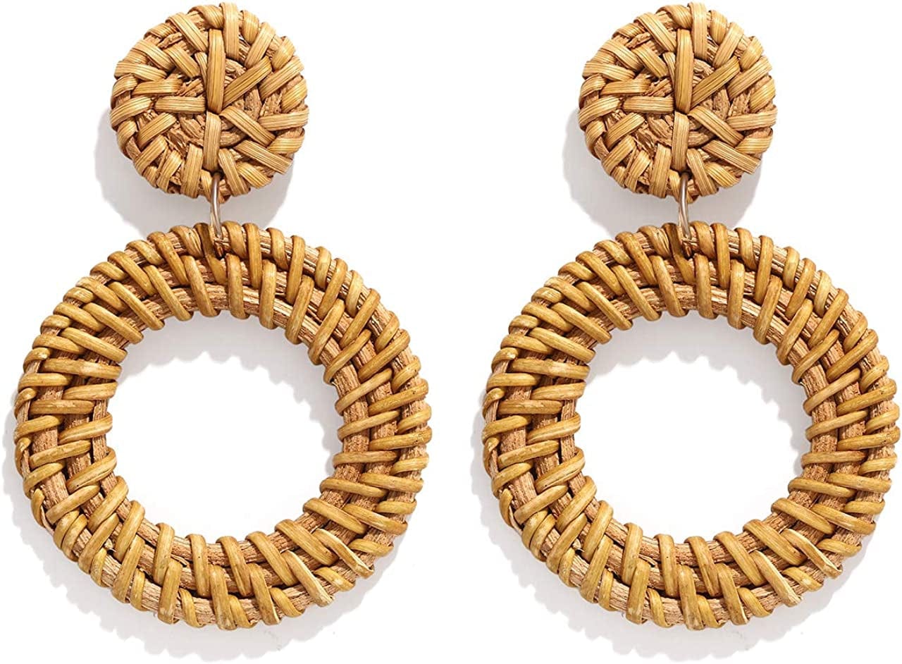 Rattan Earrings for Women Girls Handmade Lightweight Wicker Straw Stud Earrings Statement Weaving Braid Drop Dangle Earring Rattan Hoop