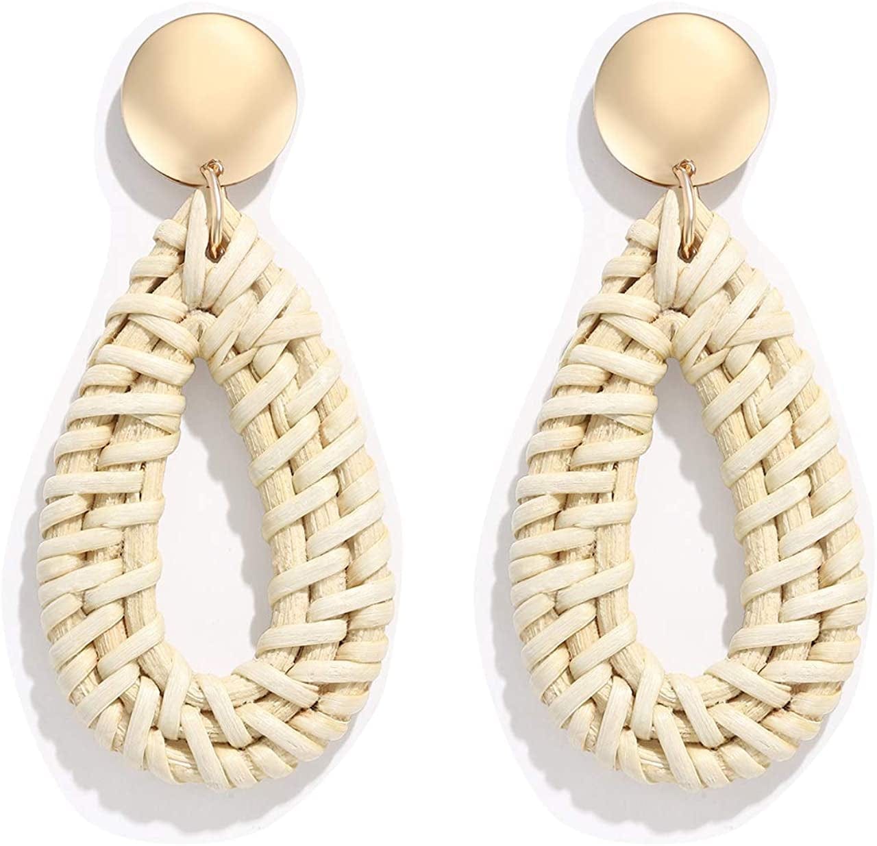 Rattan Earrings for Women Girls Handmade Lightweight Wicker Straw Stud Earrings Statement Weaving Braid Drop Dangle Earring light Teardrop