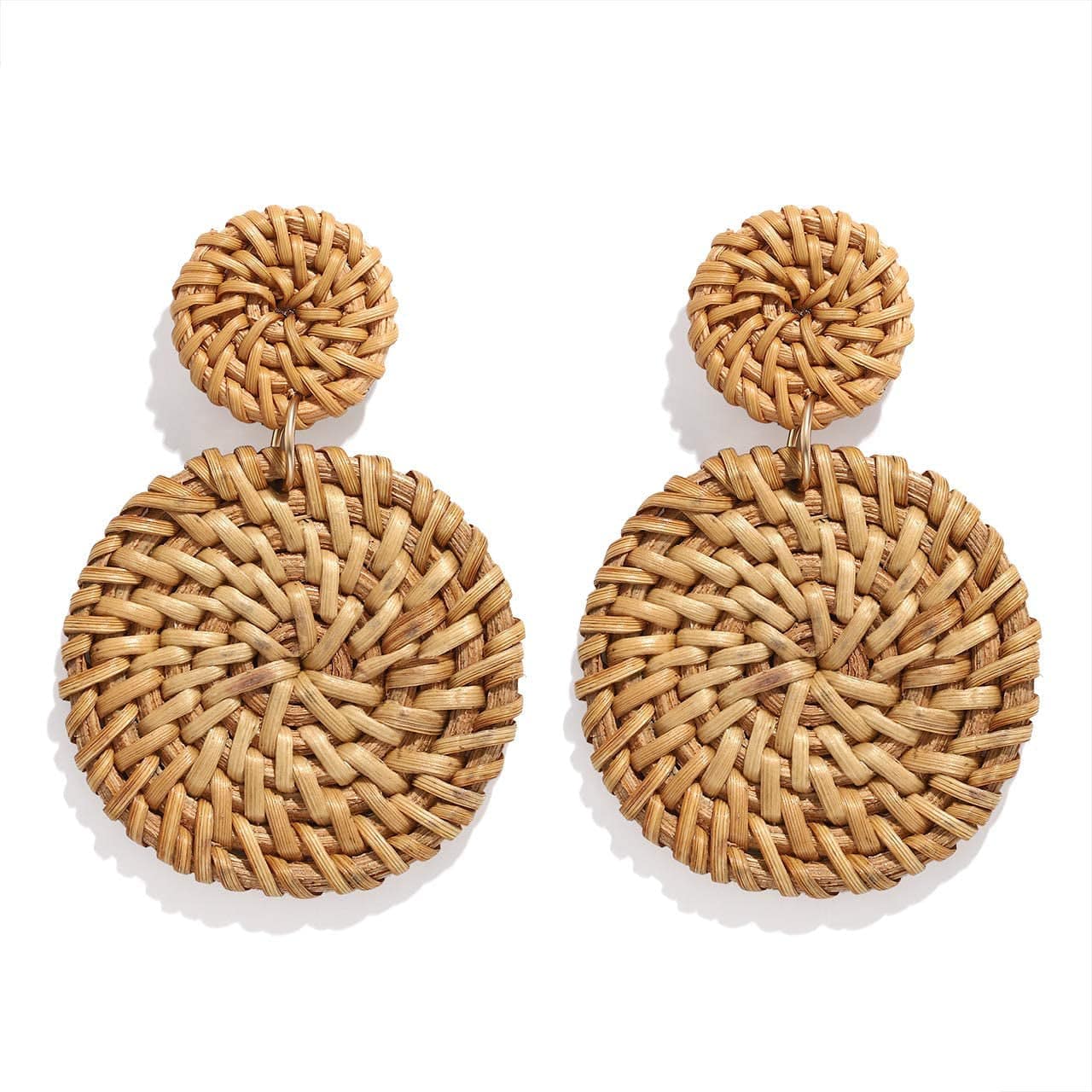 Rattan Earrings for Women Girls Handmade Lightweight Wicker Straw Stud Earrings Statement Weaving Braid Drop Dangle Earring A Dark Rattan Disk