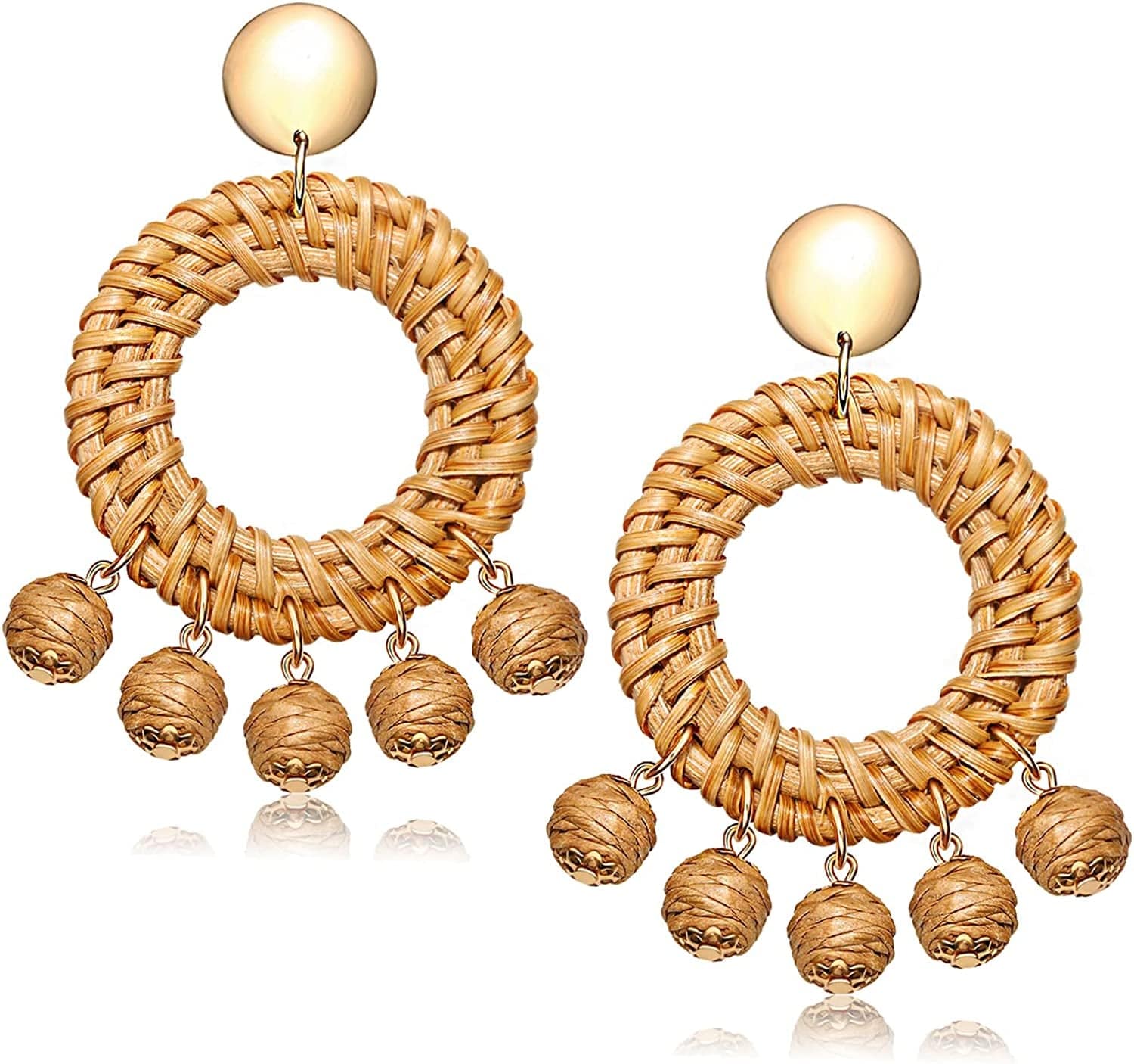 Rattan Earrings for Women Girls Handmade Lightweight Wicker Straw Stud Earrings Statement Weaving Braid Drop Dangle Earring Round Ball