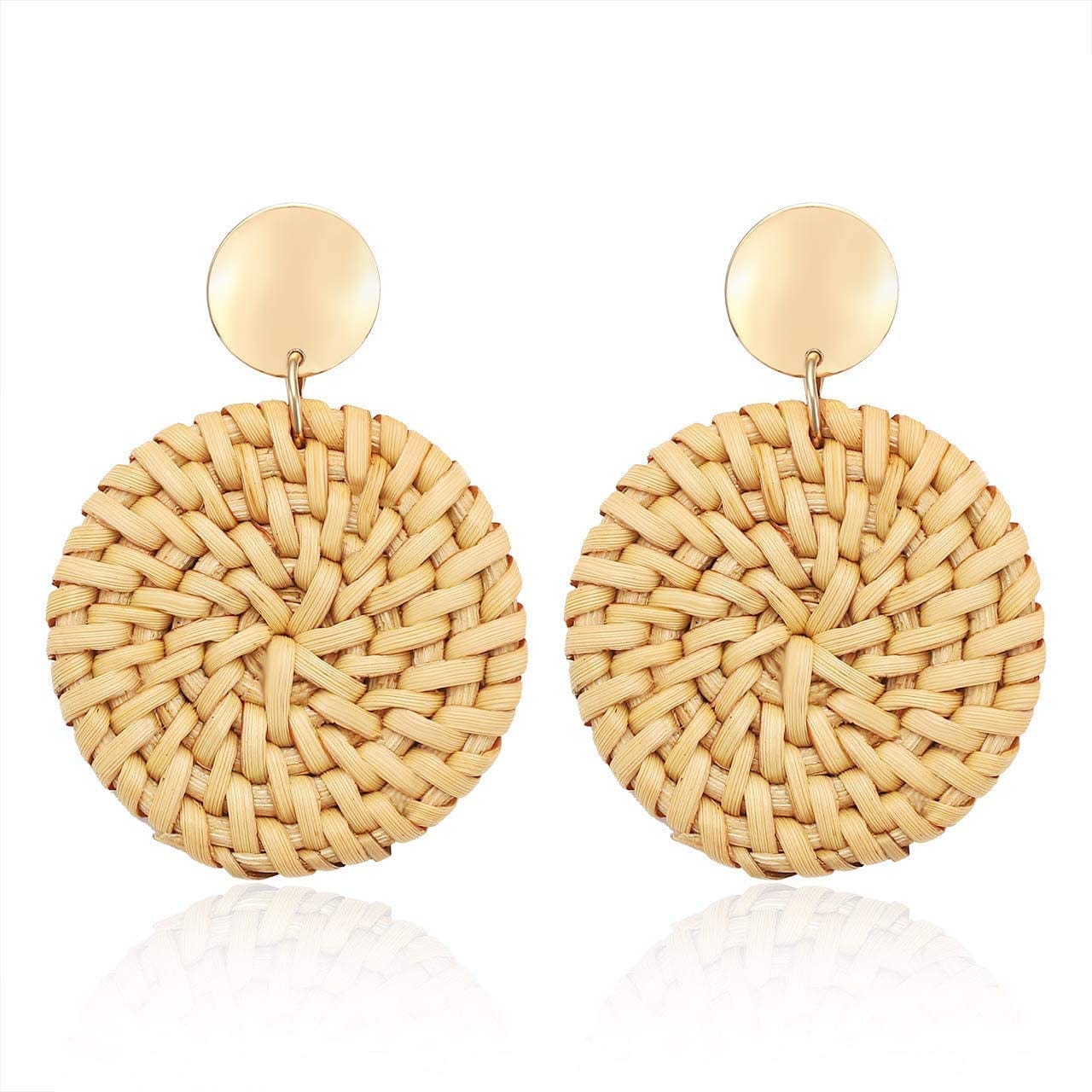 Rattan Earrings for Women Girls Handmade Lightweight Wicker Straw Stud Earrings Statement Weaving Braid Drop Dangle Earring Dark Disk