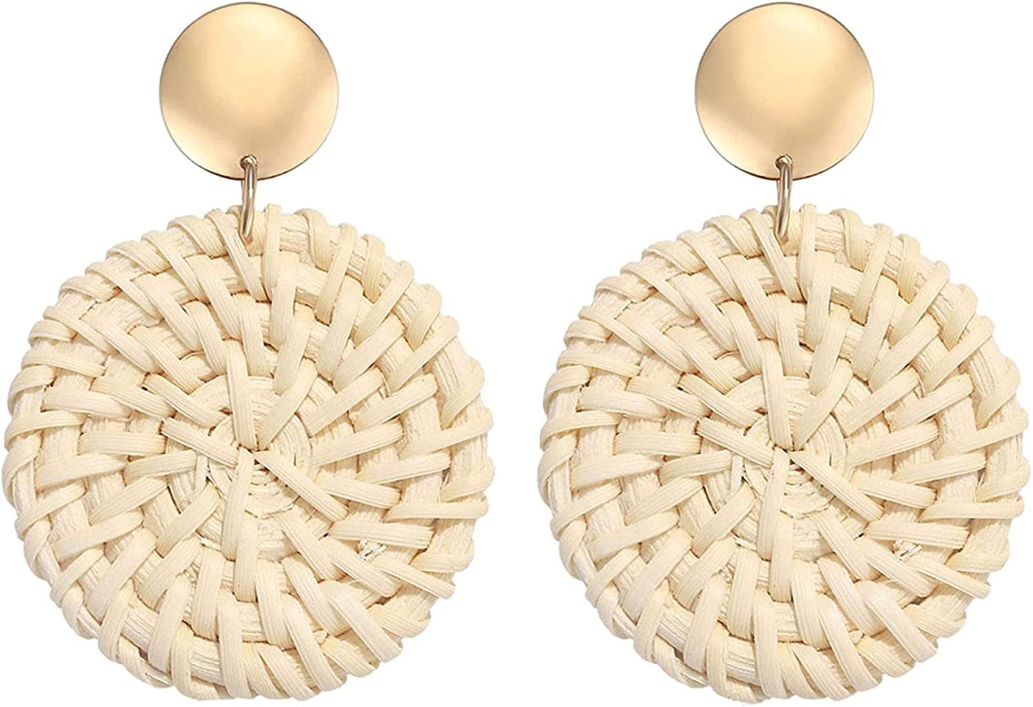 Rattan Earrings for Women Girls Handmade Lightweight Wicker Straw Stud Earrings Statement Weaving Braid Drop Dangle Earring Light Disk