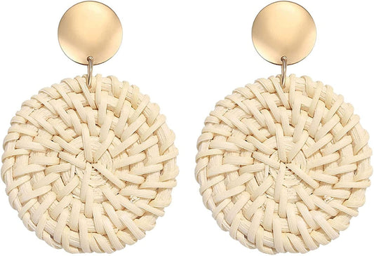 Rattan Earrings for Women Girls Handmade Lightweight Wicker Straw Stud Earrings Statement Weaving Braid Drop Dangle Earring Light Disk