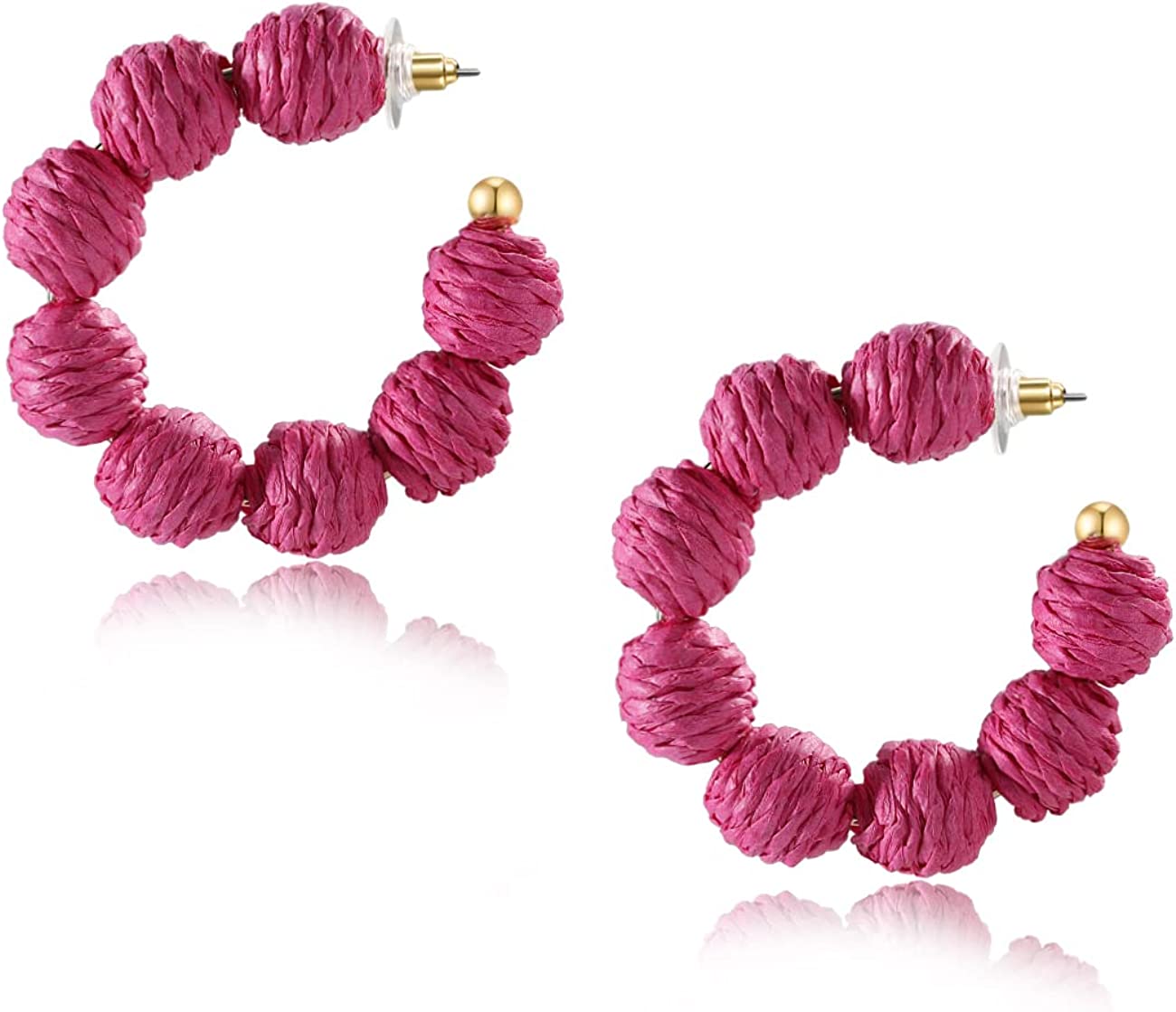 Rattan Earrings Summer Boho Raffia Ball Hoop Dangle Earrings for Women Girls Lightweight Straw Wicker Statement Earrings Bohemian Beach Earrings Jewelry Gifts Hot Pink