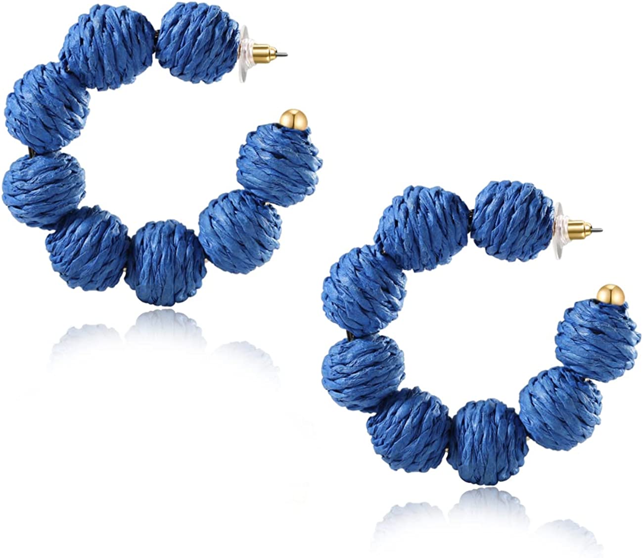 Rattan Earrings Summer Boho Raffia Ball Hoop Dangle Earrings for Women Girls Lightweight Straw Wicker Statement Earrings Bohemian Beach Earrings Jewelry Gifts Royal Blue