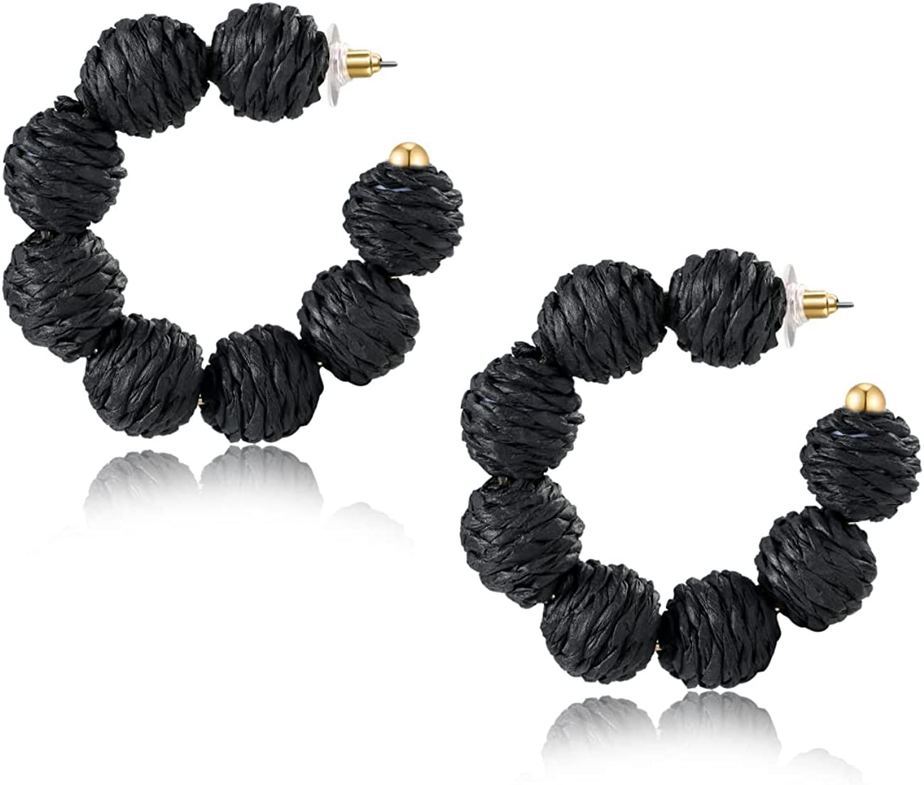 Rattan Earrings Summer Boho Raffia Ball Hoop Dangle Earrings for Women Girls Lightweight Straw Wicker Statement Earrings Bohemian Beach Earrings Jewelry Gifts Black